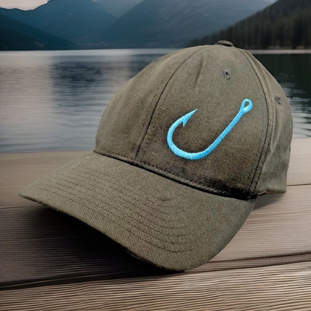 Flexfit The Jackspot And Fishing Hook Embroidered Hat Brown Blue Embroidery